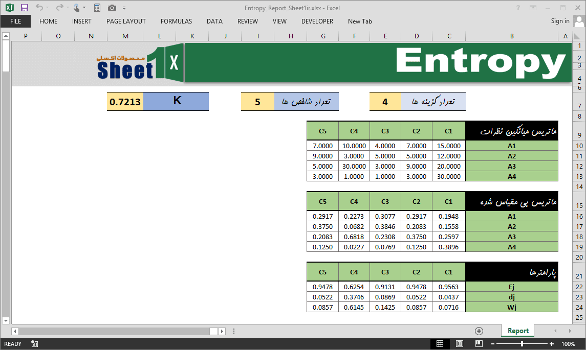 برنامه اکسل روش آنتروپی Entropy