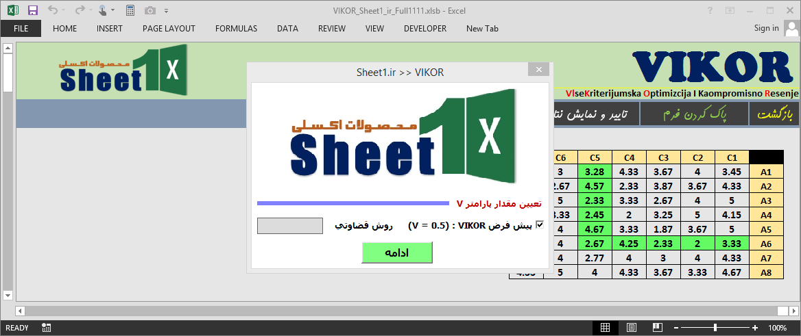 برنامه اکسل روش ویکور VIKOR