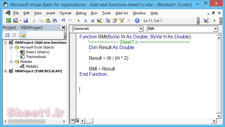 کد اضافه کردن تابع جدید در اکسل