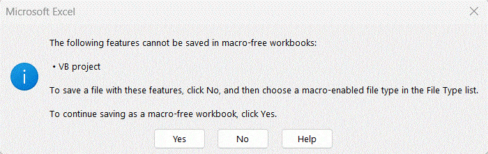 پیغام ذخیره فایل حاوی کد VBA