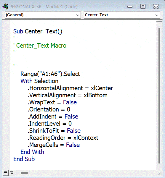 کد ایجاد شده در ضبط ماکرو macro